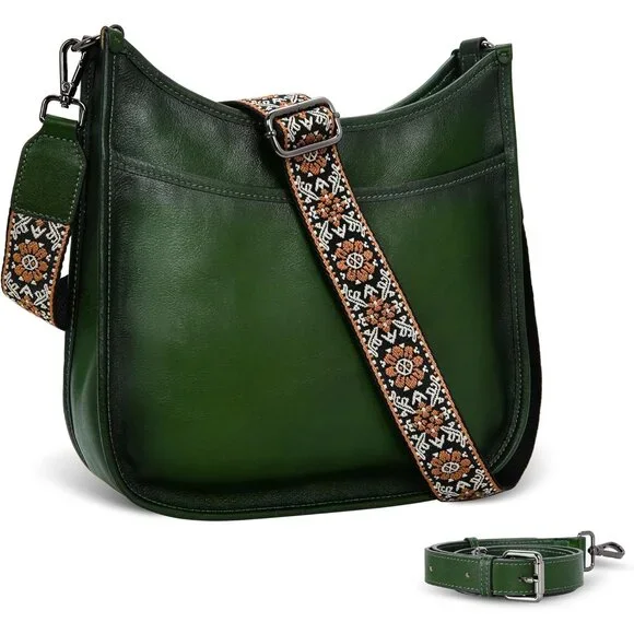 Women Green Leather Imported Zipper Purses Crossbody Shoulder Handbags - Picture 8 of 8